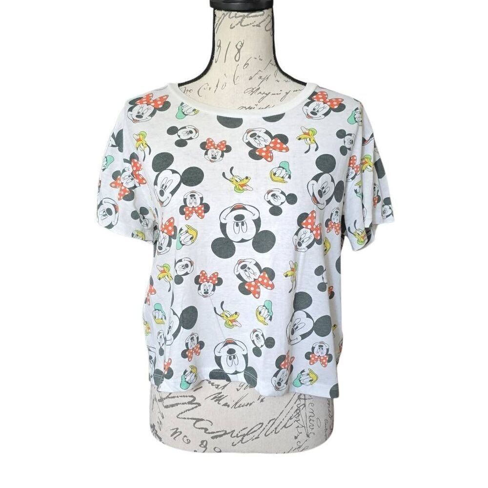 Disney Women's Size Large White Black Mickey Minnie Pluto Donald T-shirt